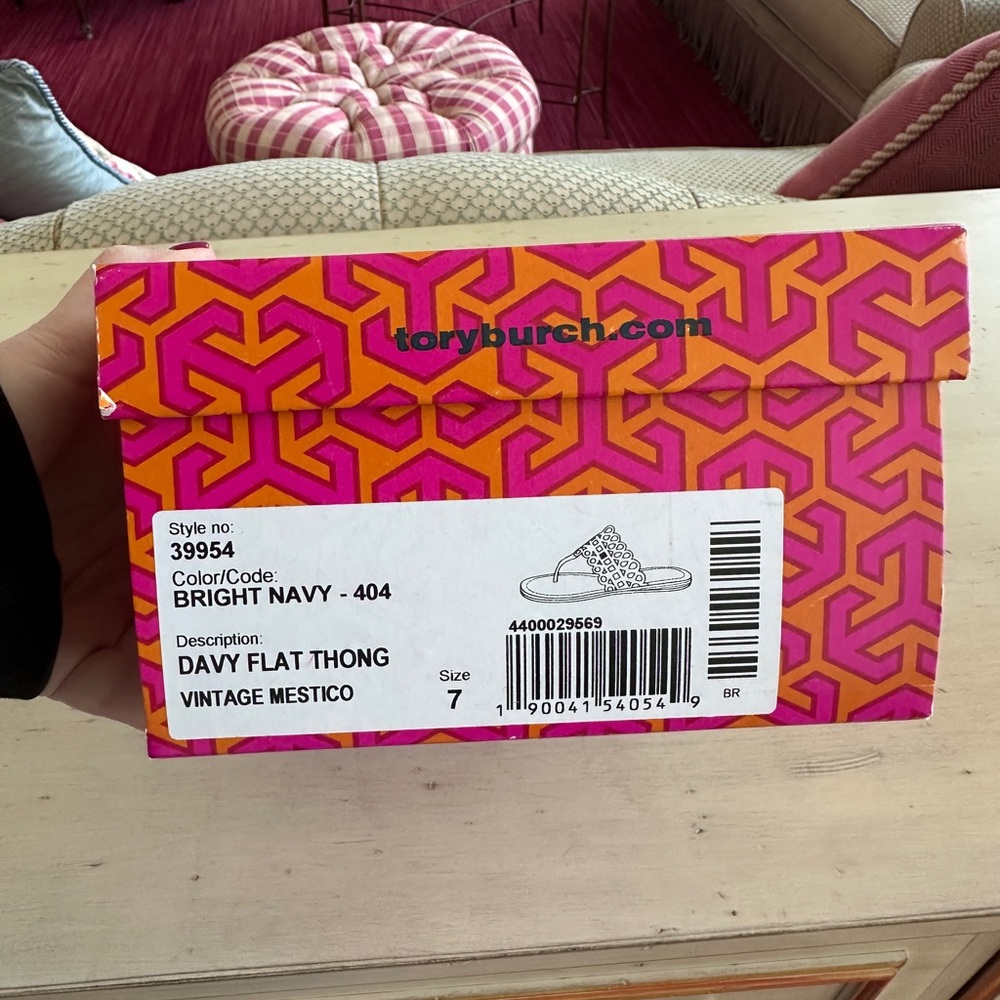 Tory Burch Navy “Davy Flat” Laser-Cut Leather Thong Sandals with Brown Footbed - Picture 6 of 6